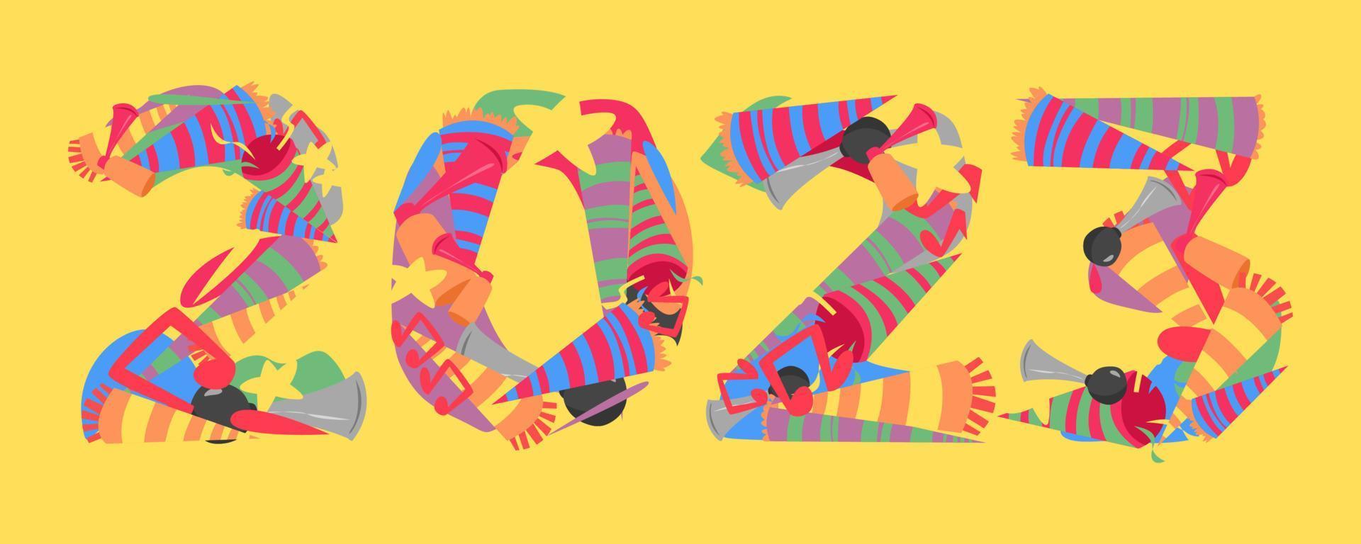 La tipografía de fuente 2023 está hecha de un conjunto de iconos de trompeta, cuerno, etc. collage de garabatos. fondo amarillo aislado. concepto de año nuevo para plantilla, tarjeta de felicitación, impresión, pegatina, banner, etc. estilo de vector plano