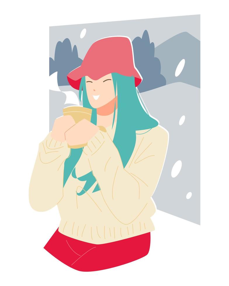 linda chica soplando bebida caliente. café, té, chocolate caliente. fondo de ventana con vista a la nieve. concepto de invierno, moda. dibujos animados de ilustración vectorial plana vector