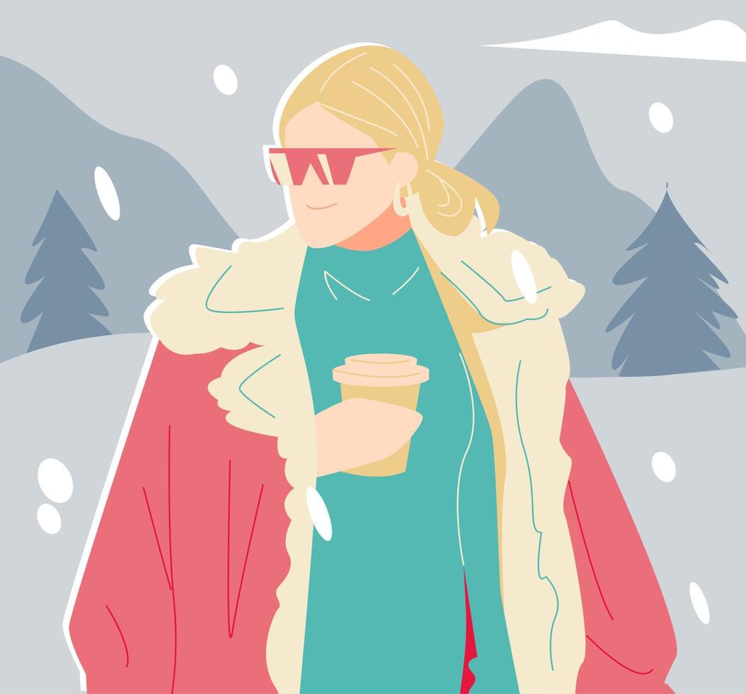 beautiful girl in stylish warm clothes, glasses holding a hot drink. coffee, tea, hot chocolate. snow scene outdoor background. winter concept, fashion. flat vector illustration cartoon