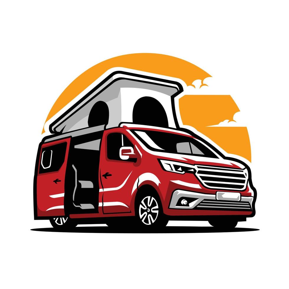 Ilustración de vector de casa rodante premium camper van en paisaje al aire libre