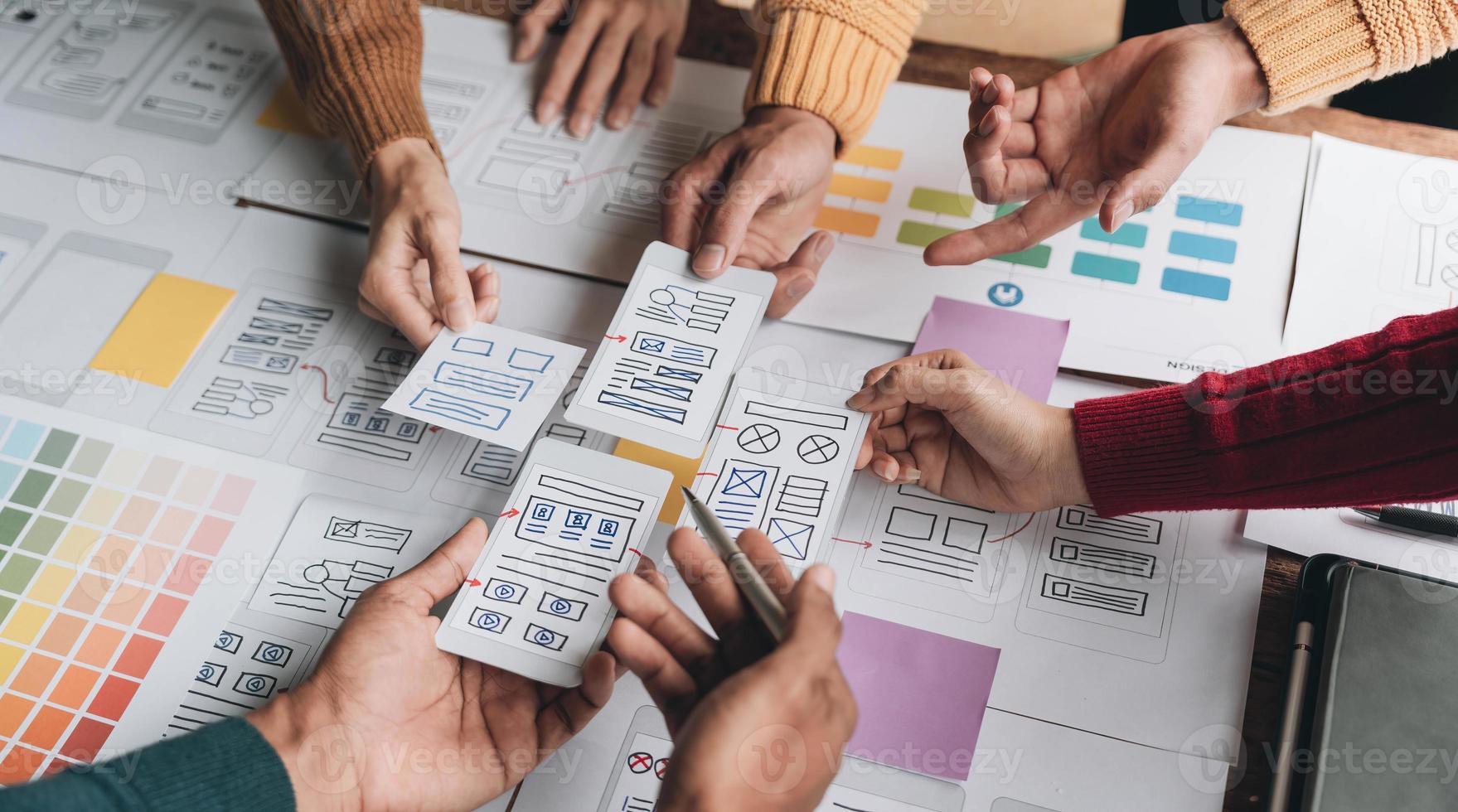 UI UX creative designer team designing wireframe layout for responsive mobile smartphone application in office photo