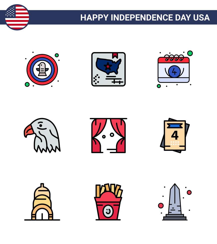 Happy Independence Day 9 Flat Filled Lines Icon Pack for Web and Print entertainment eagle world bird day Editable USA Day Vector Design Elements