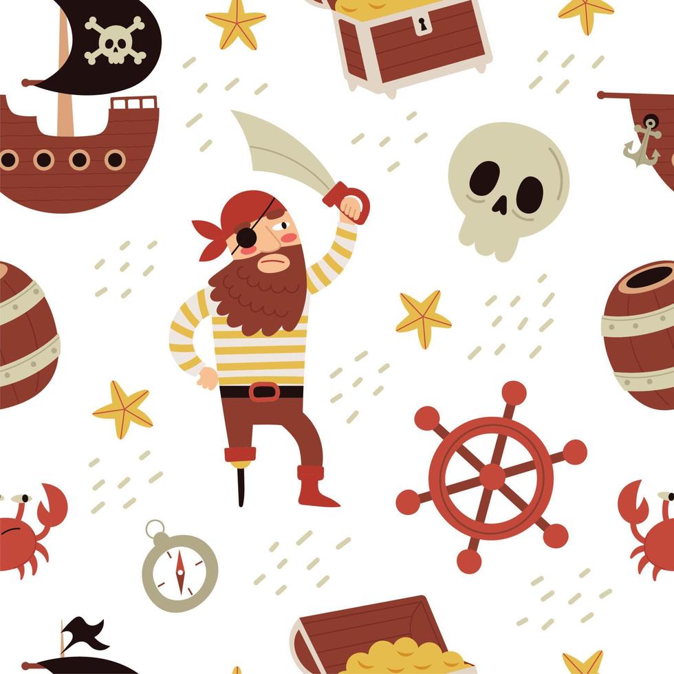 MobileSeamless pattern with pirate elements. Children's vector illustration. Skull, ship, sea, crossbones, barrel, chest, anchor, rum.