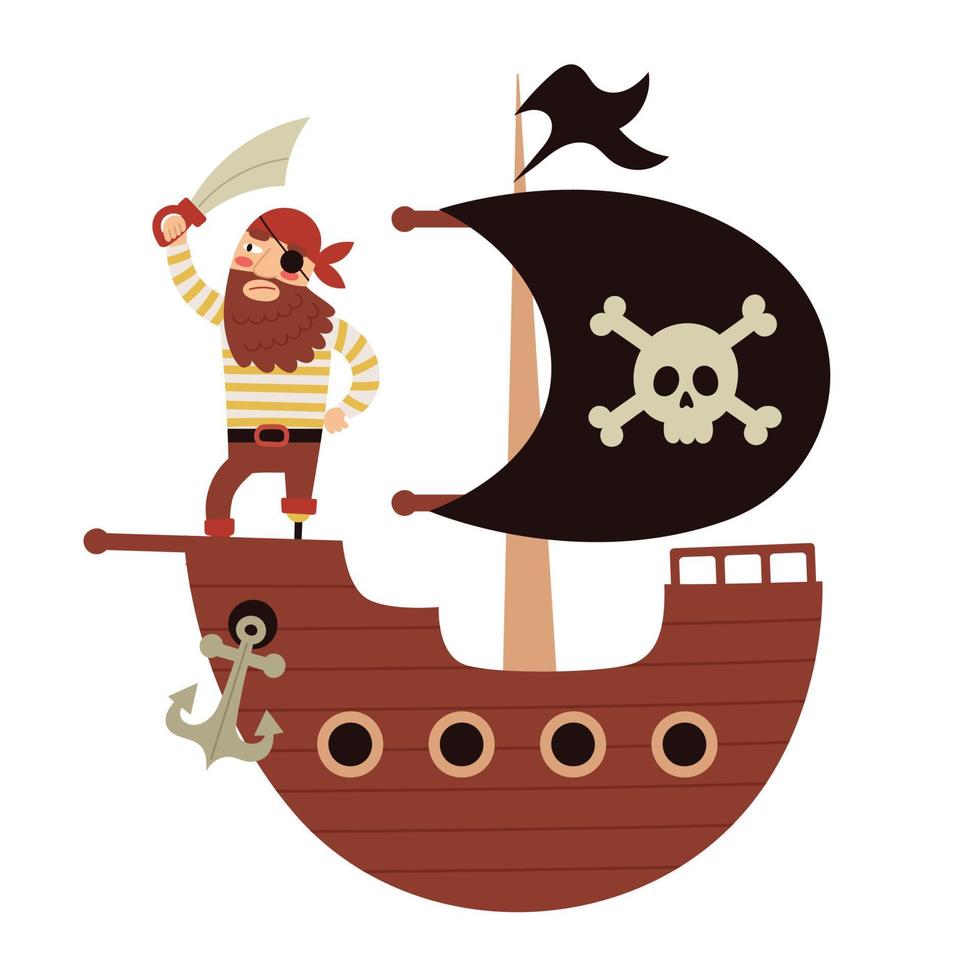 Pirate ship with a black flag with a skull. A bearded one-eyed pirate stands on deck. Childrens vector isolated illustration on white background