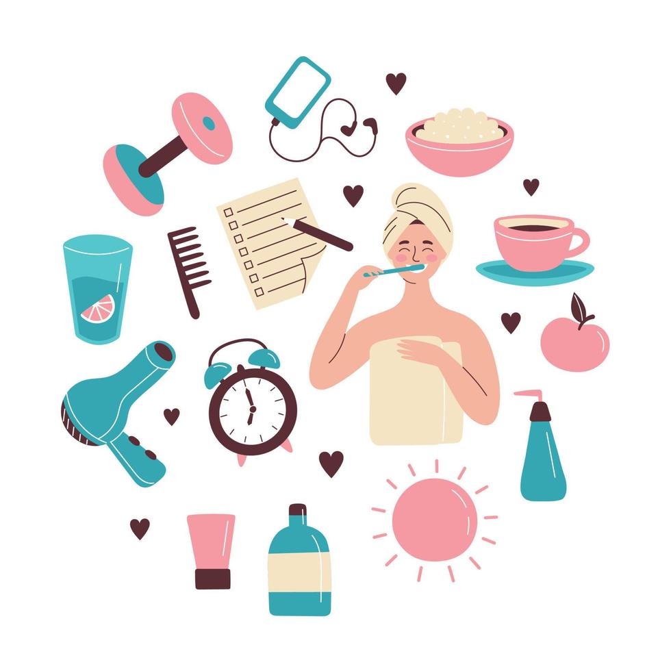 Set of hand drawn morning routine elements. The woman is brushing her teeth. Breakfast, morning fitness, daily planning. Vector isolated illustration