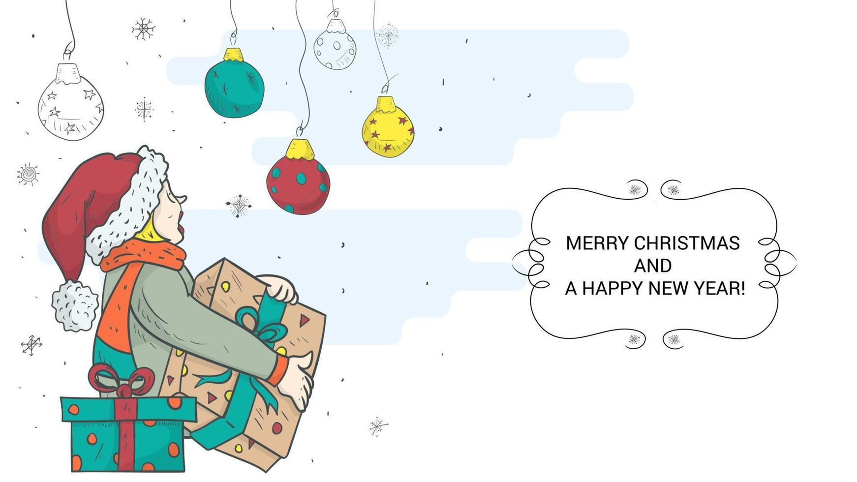 banner for the design of Christmas and New Years design in the style of childrens doodles A boy with a gift in his hands looks at Christmas balls vector