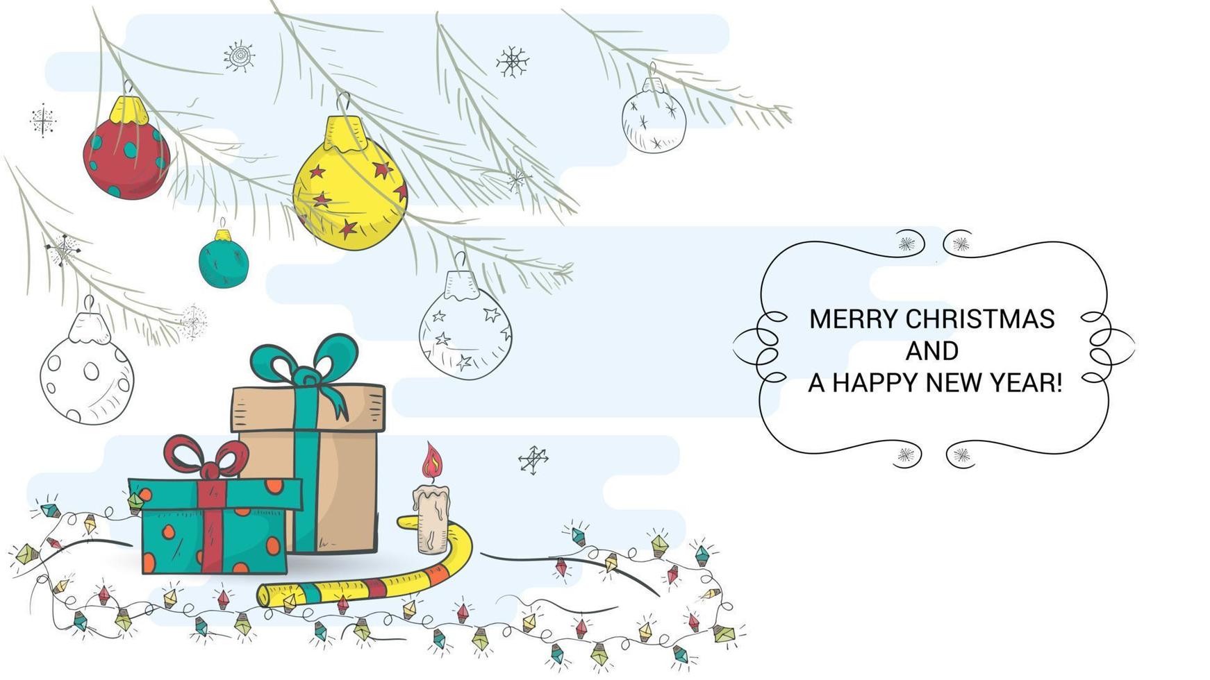 Banner for decoration of Christmas and New Years design in the style of childrens doodles Christmas toys hanging on the branches of a fir tree at the bottom of a gift box vector