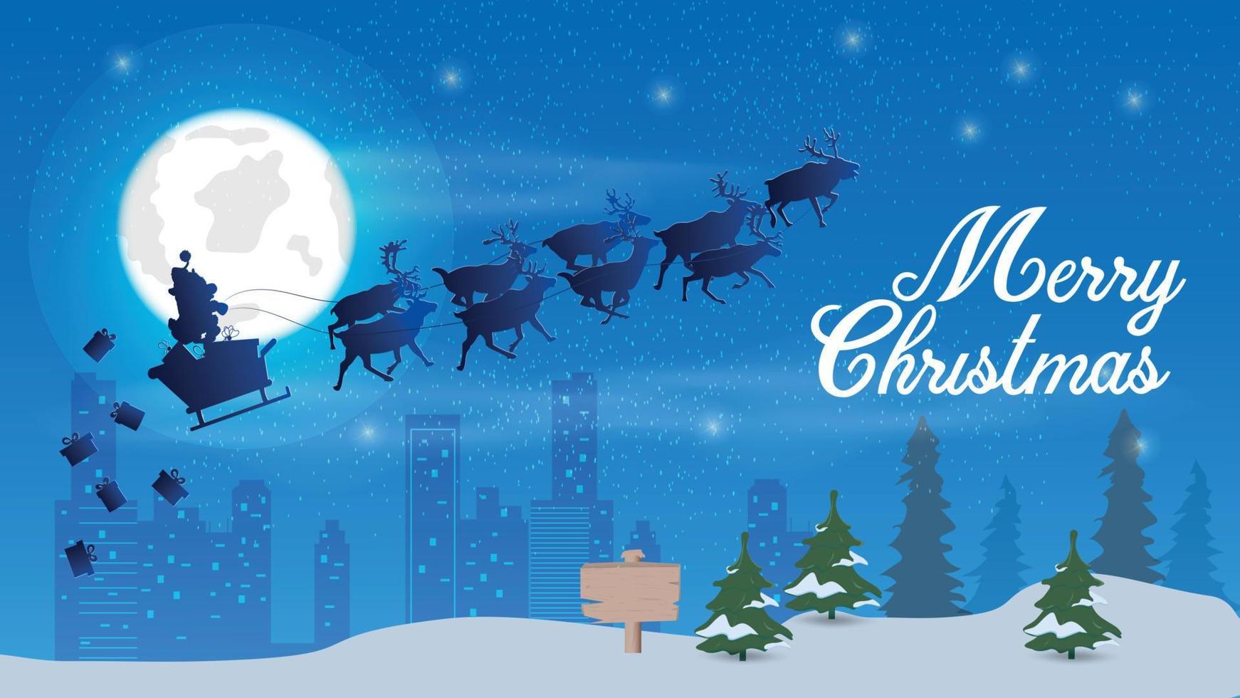 ilustración de navidad y año nuevo un equipo de renos lleva a santa claus en el cielo nocturno contra el fondo de la luna sobre el bosque nocturno y la ciudad vector