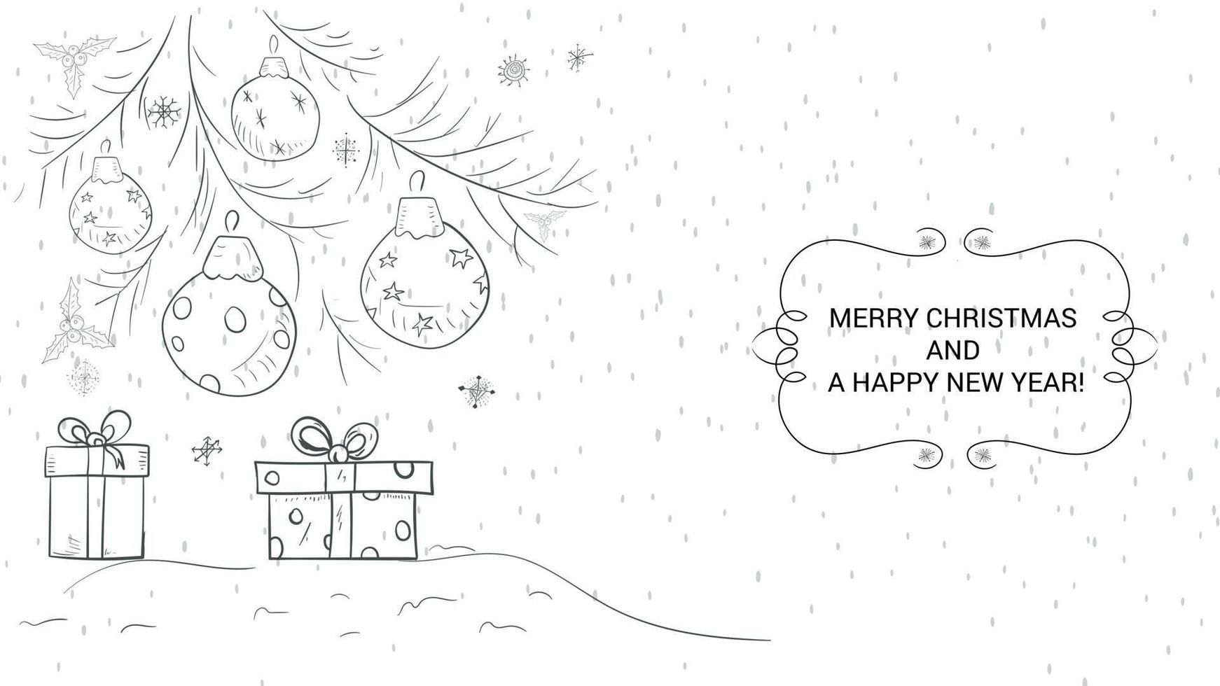 banner para el diseño de navidad y año nuevo diseño ilustración de contorno juguetes de árbol de navidad en las ramas en la parte inferior de la caja de regalo vector