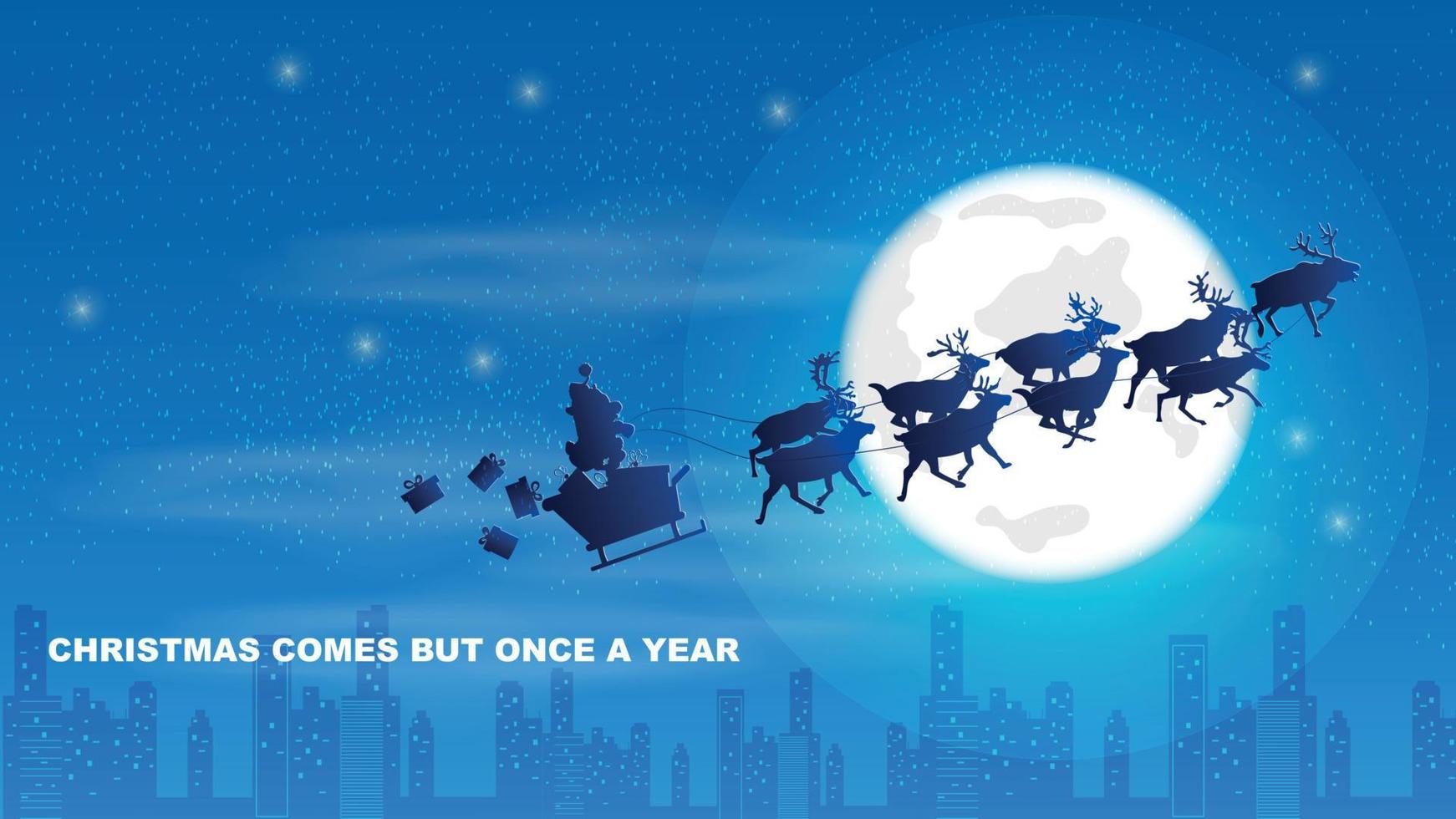 ilustración de navidad y año nuevo un equipo de renos lleva a santaclaus en el cielo nocturno contra el fondo de la luna sobre la ciudad nocturna vector