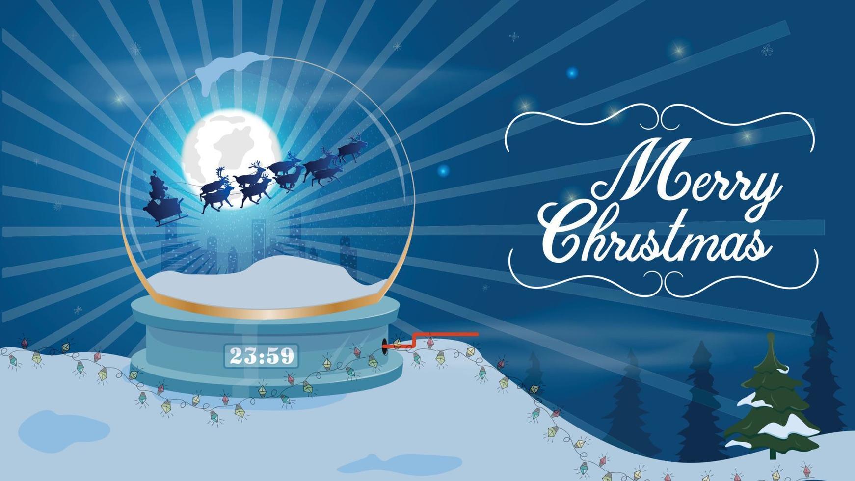 Christmas and New Year illustration a reindeer team carries Santa Claus in the night sky against the background of a city in a glass ball that stands on snow vector