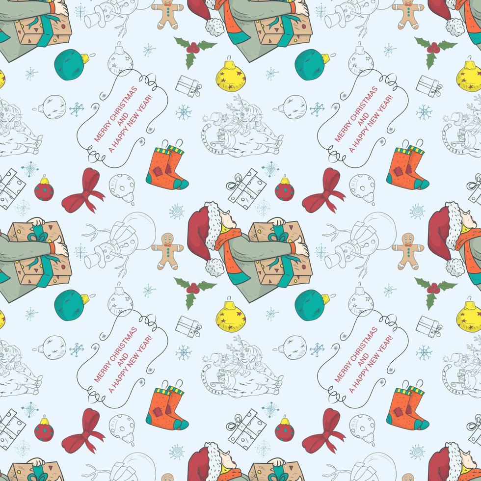 Seamless banner pattern for the design of Christmas and New Years design in the style of a doodle Boy with a gift in his hands among the festive items vector