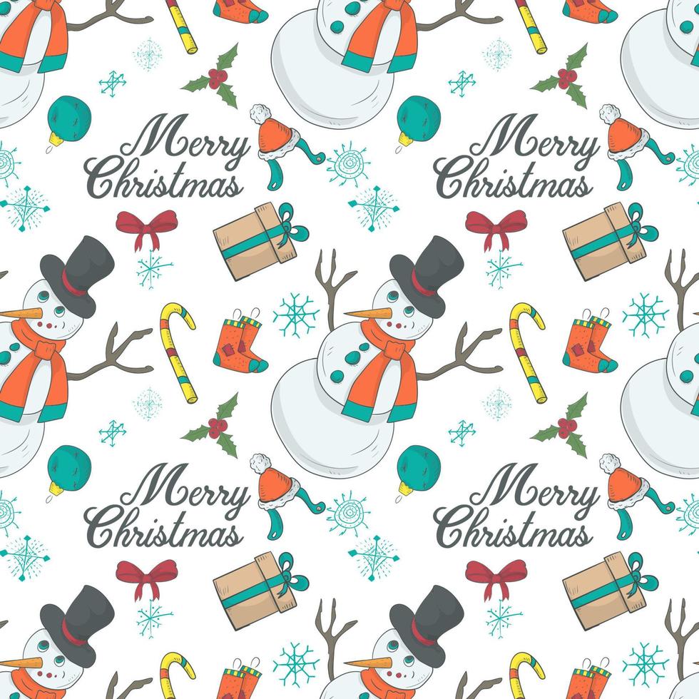 Seamless banner pattern for Christmas and New Year design in the style of a doodle Snowman on the background of festive items vector