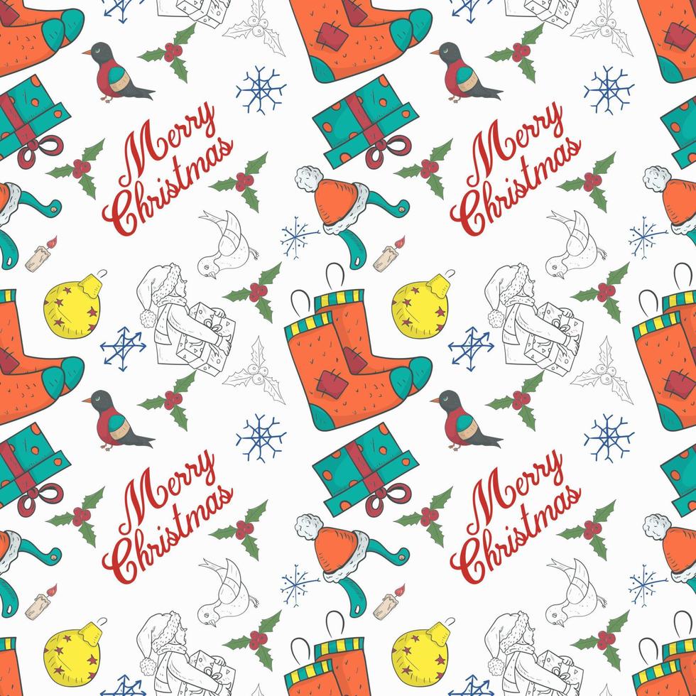 Seamless banner pattern for Christmas and New Year design in the style of doodle Socks for gifts on the background of festive items vector
