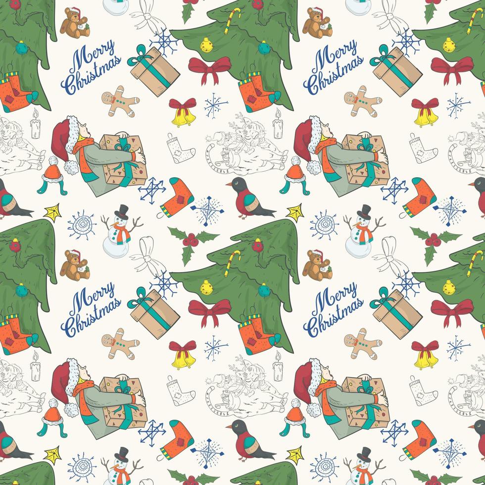 Seamless pattern banner for Christmas and New Year design in the style of doodle Festive spruce and a boy with a short gift vector