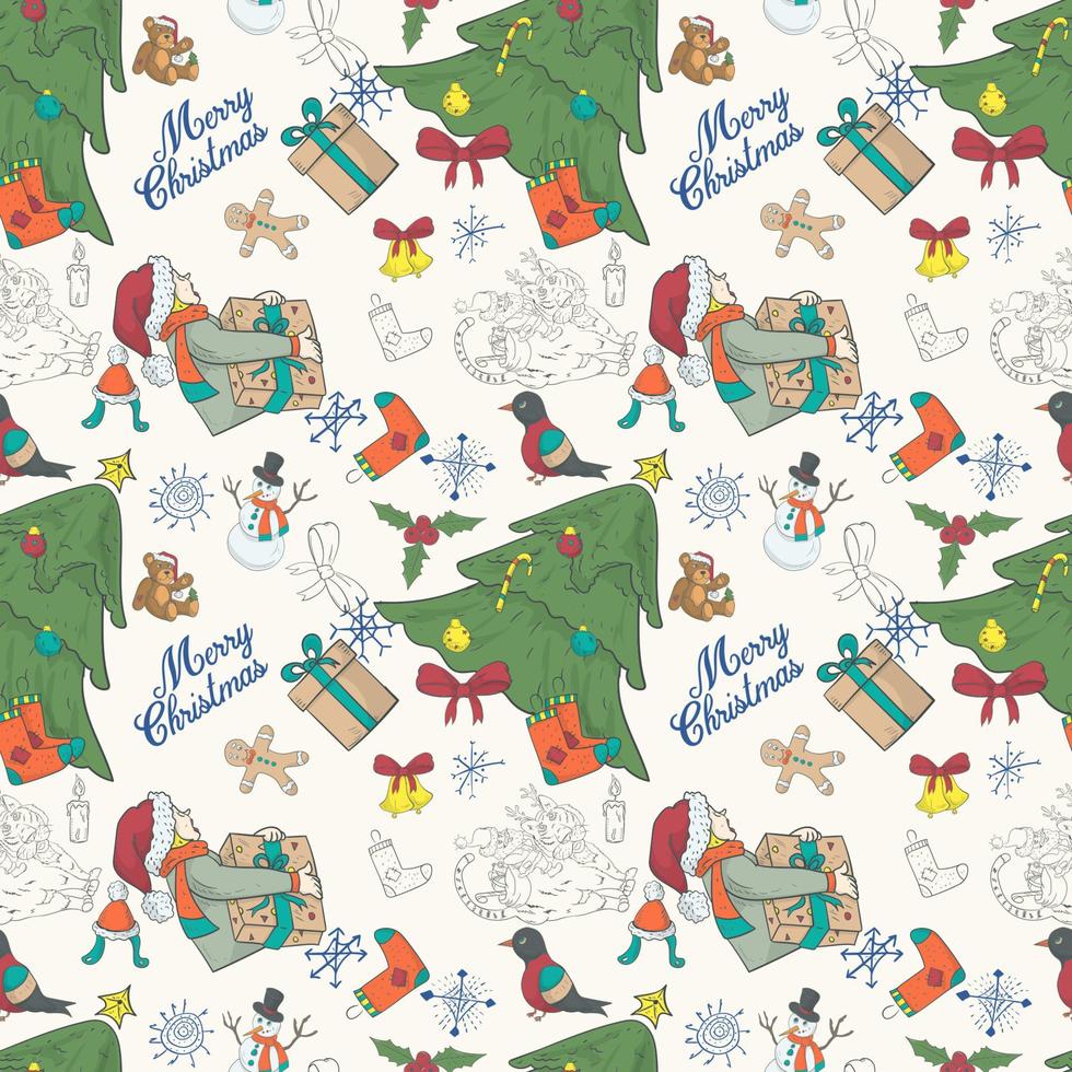 Seamless pattern banner for Christmas and New Year design in the style of doodle Festive spruce and a boy with a short gift vector