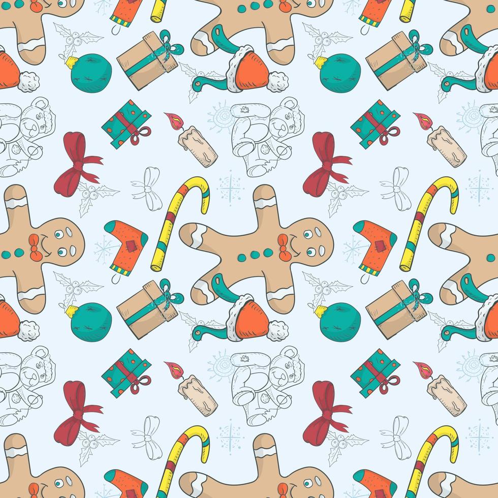 Seamless banner pattern for Christmas and New Year design in the style of doodle Gingerbread man among festive items and snowflakes vector