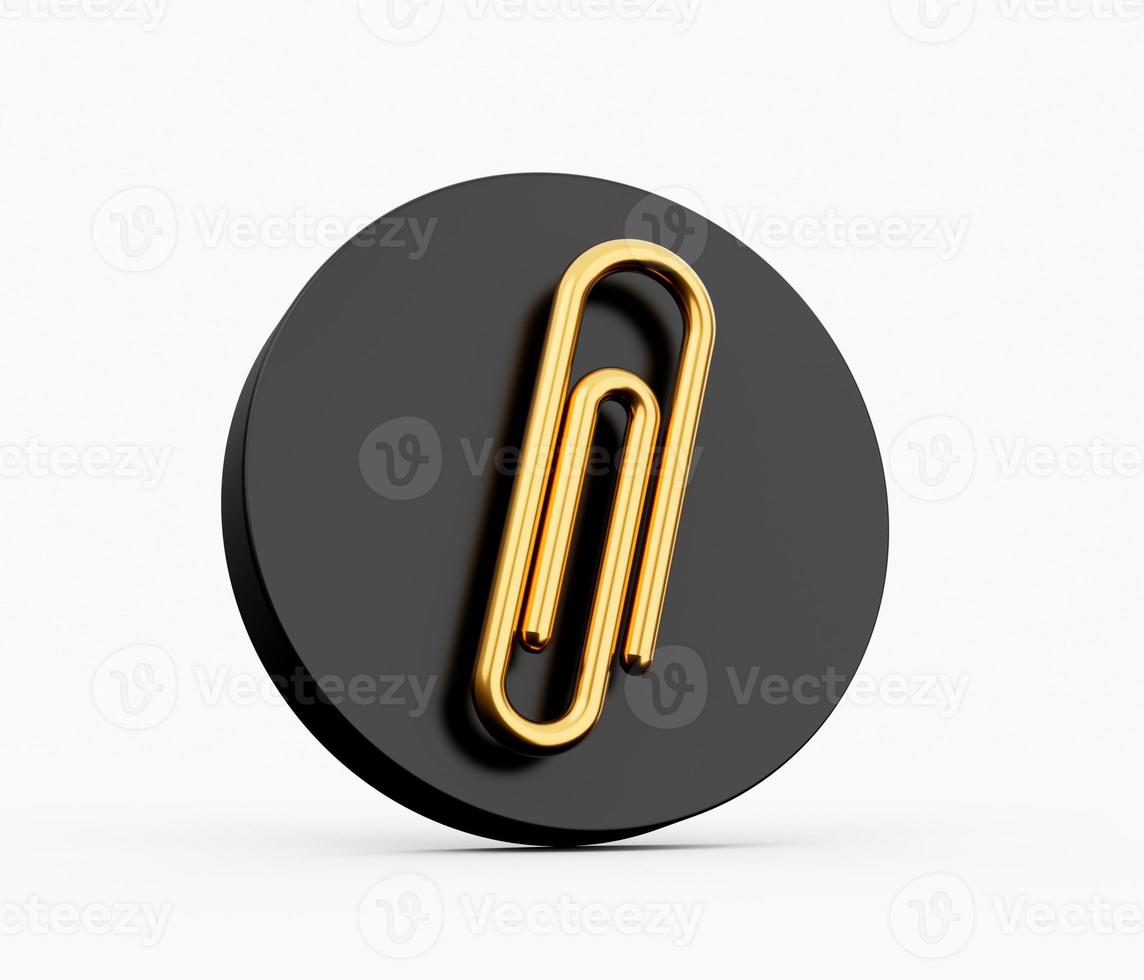 Gold paper clip icon. 3d illustration Black round button key photo