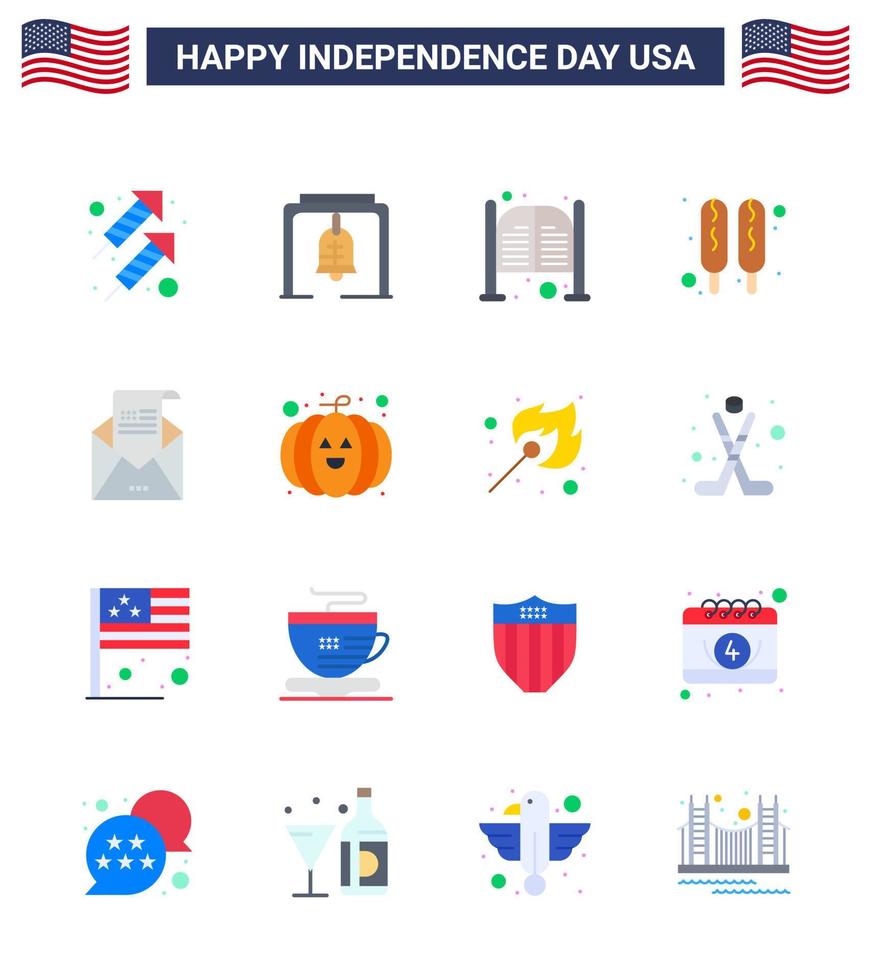 Group of 16 Flats Set for Independence day of United States of America such as envelope food bar hot dog entrance Editable USA Day Vector Design Elements