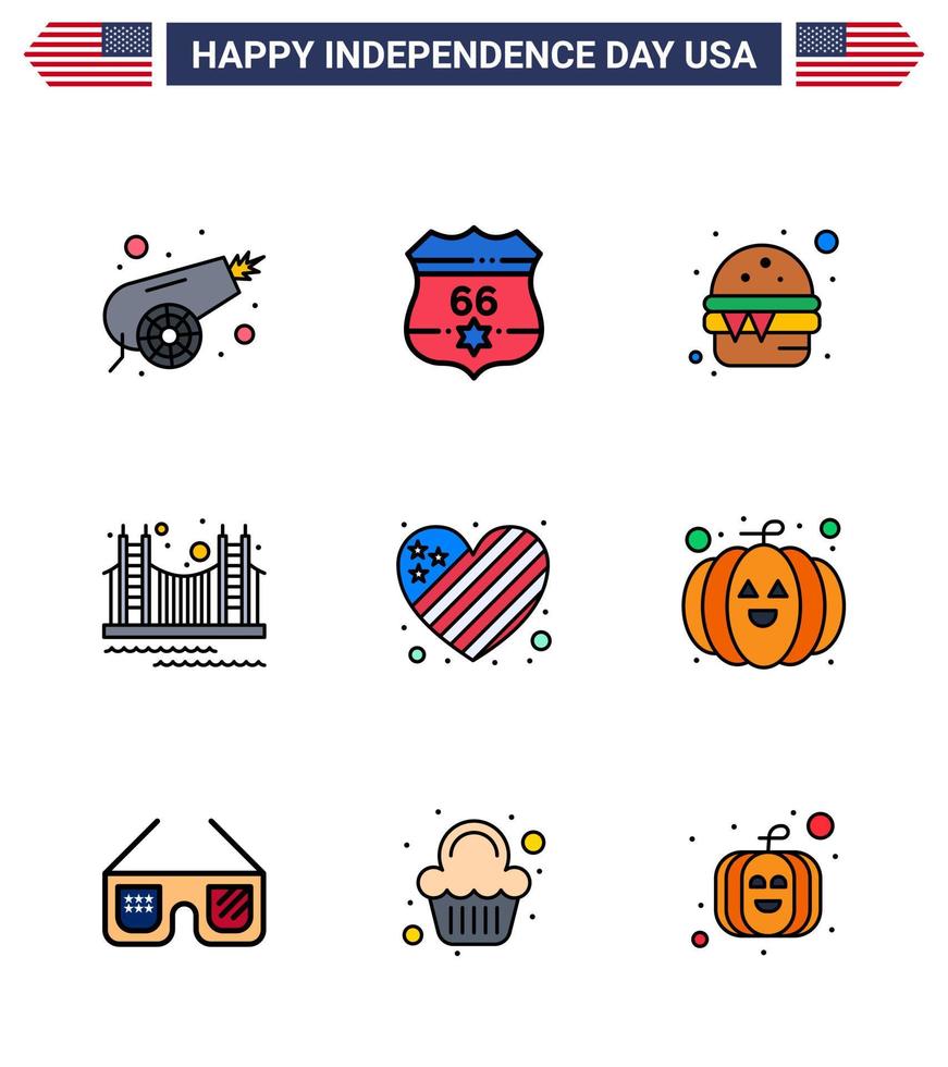 Modern Set of 9 Flat Filled Lines and symbols on USA Independence Day such as usa landmark burger golden bridge Editable USA Day Vector Design Elements