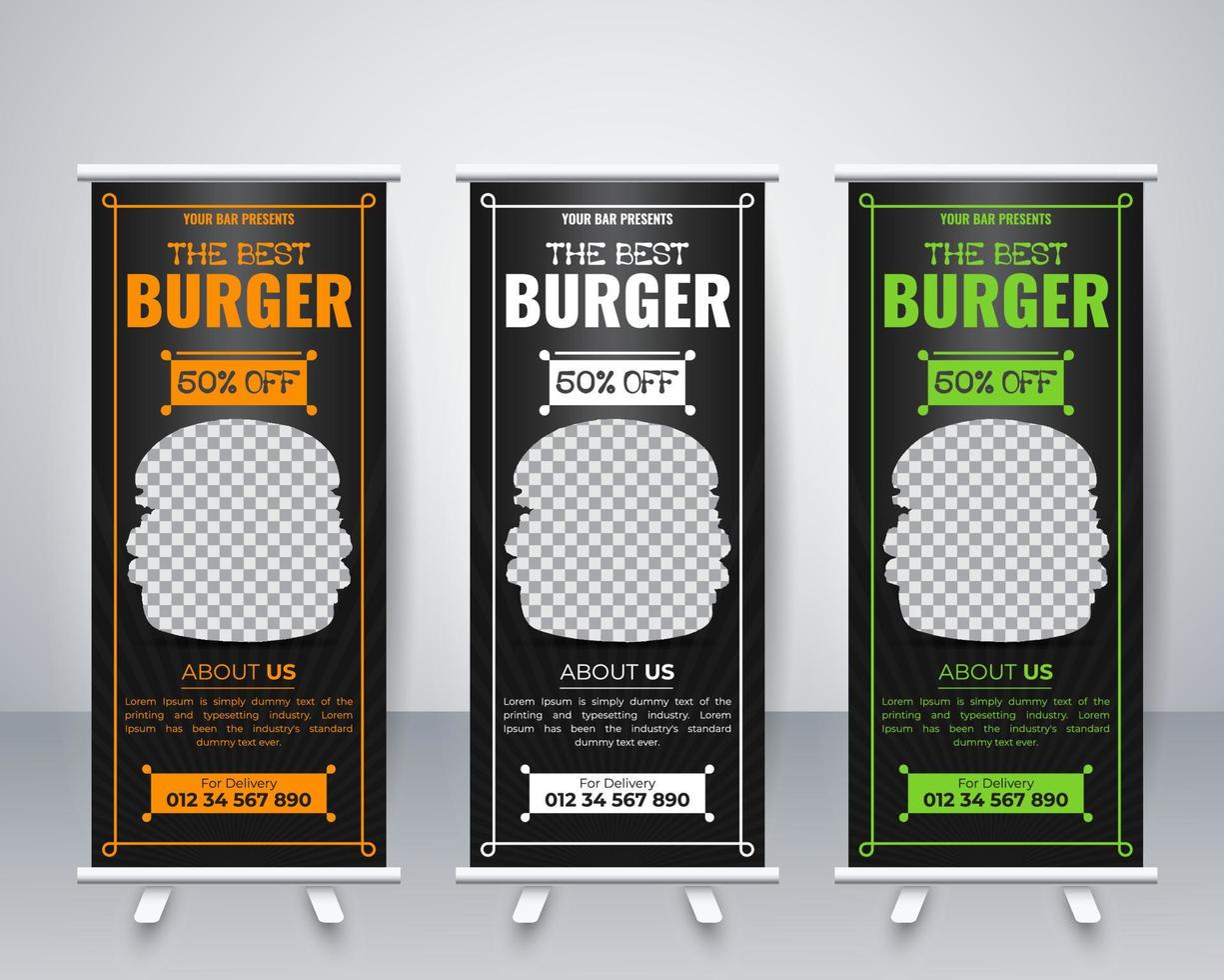 Modern burger display standee roll up banner design template vector