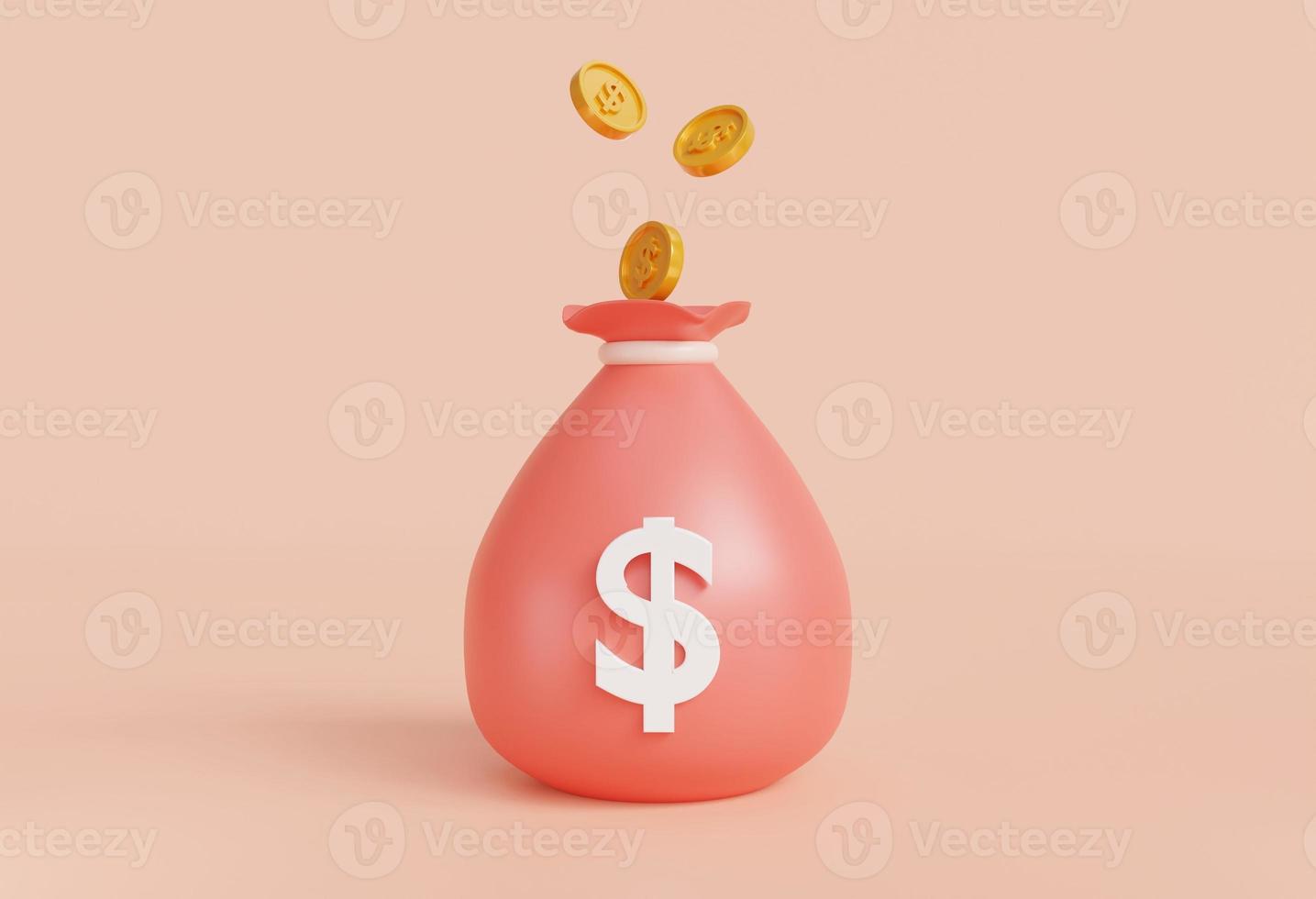 Money bag isolated on pink background. Money saving concept.Symbol of goals in savings.investing and business.money management.Saving and Money bags icon. Dollar.3D rendering,illustration photo