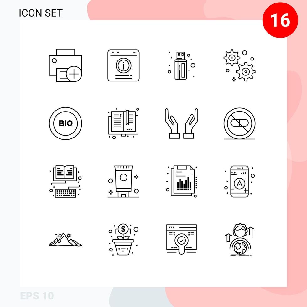 16 User Interface Outline Pack of modern Signs and Symbols of efficiency bio help business usb Editable Vector Design Elements