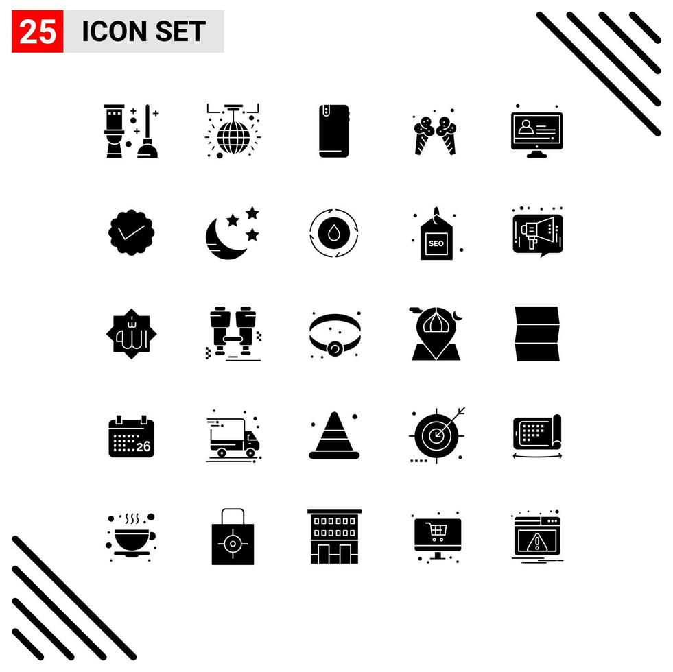 Group of 25 Modern Solid Glyphs Set for e learning cream phone ice back Editable Vector Design Elements