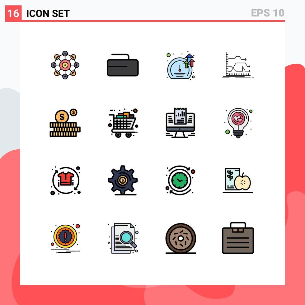 16 Universal Flat Color Filled Lines Set for Web and Mobile Applications investment prediction software market forward Editable Creative Vector Design Elements