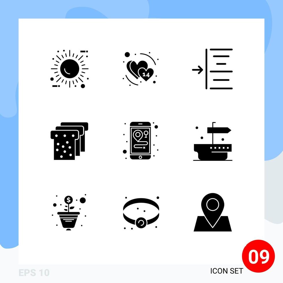 Mobile Interface Solid Glyph Set of 9 Pictograms of mobile location february education bread Editable Vector Design Elements