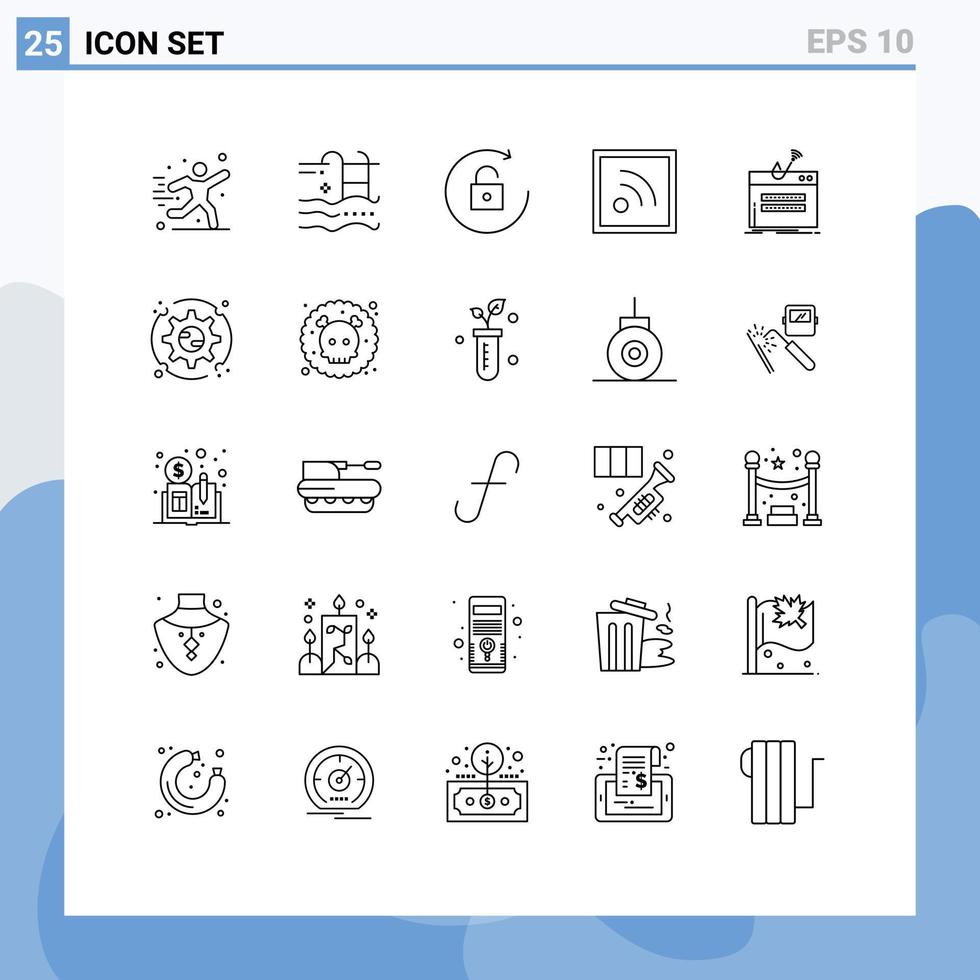 Set of 25 Modern UI Icons Symbols Signs for login fraud water rss feed Editable Vector Design Elements