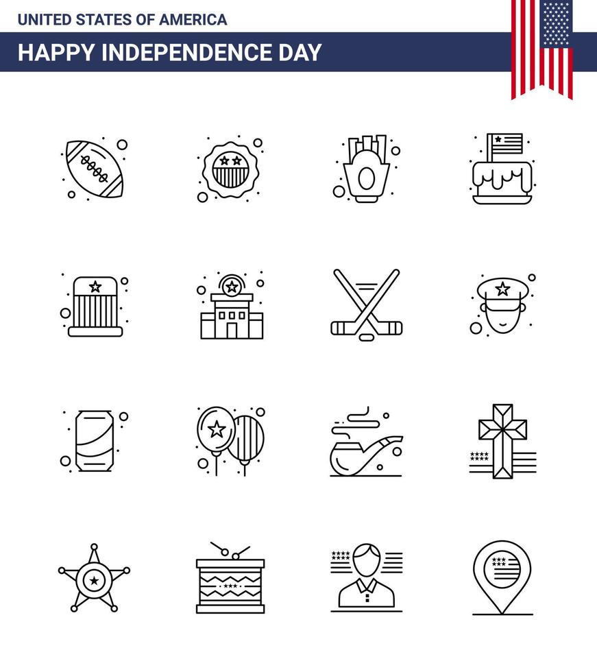 16 USA Line Signs Independence Day Celebration Symbols of circus party chips independence festival Editable USA Day Vector Design Elements