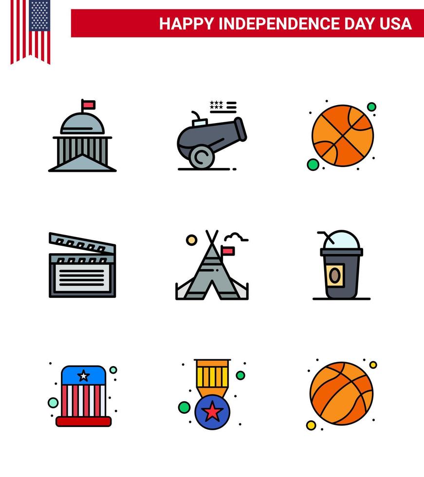 Happy Independence Day Pack of 9 Flat Filled Lines Signs and Symbols for tent free video mortar movis day Editable USA Day Vector Design Elements