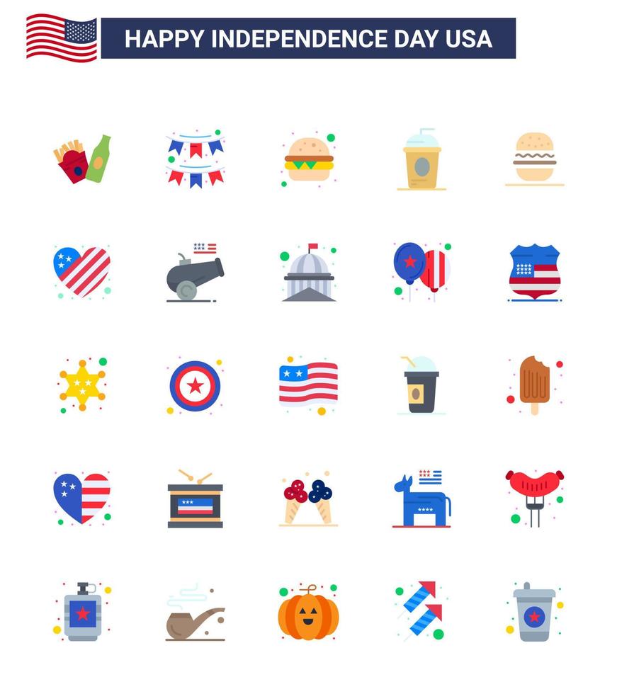 paquete plano de vector editable del día de estados unidos 25 pisos simples de comer hamburguesa independiente vacaciones cole elementos de diseño de vector de día de estados unidos editables