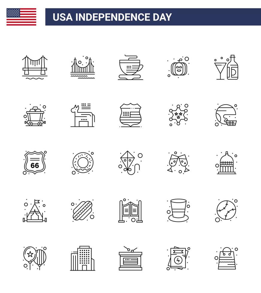 feliz paquete del día de la independencia de 25 líneas de signos y símbolos para el turismo de bebidas estadounidense festival de estados unidos elementos de diseño vectorial del día de estados unidos editables en estados unidos vector