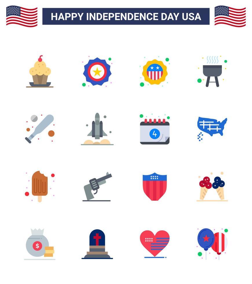 Happy Independence Day 16 Flats Icon Pack for Web and Print spaceship launcher flag hardball baseball Editable USA Day Vector Design Elements