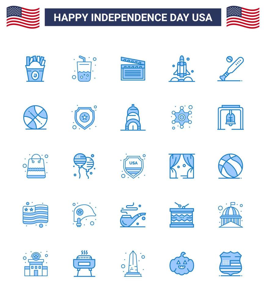 25 paquete azul de estados unidos de signos y símbolos del día de la independencia de transporte de bolas lanzador de naves espaciales estadounidenses elementos de diseño vectorial editables del día de estados unidos vector