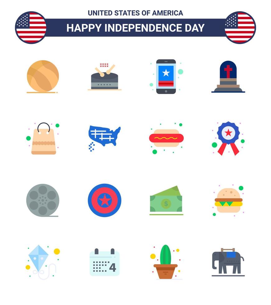 feliz día de la independencia 4 de julio conjunto de 16 pisos pictograma americano de bolsa lápida celular teléfono grave elementos de diseño vectorial editables del día de EE. UU. vector