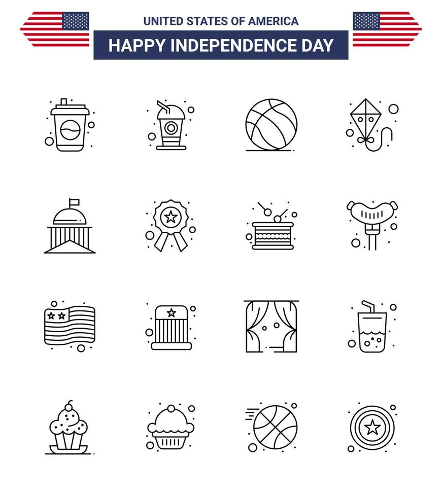 16 USA Line Signs Independence Day Celebration Symbols of police irish kite ireland flag Editable USA Day Vector Design Elements