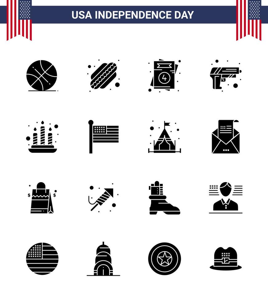 USA Happy Independence DayPictogram Set of 16 Simple Solid Glyphs of light candle love weapon security Editable USA Day Vector Design Elements
