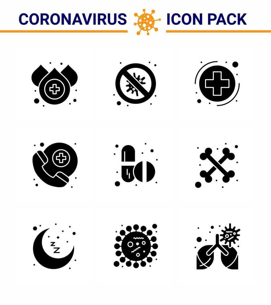 iconos de conciencia de coronavirus 9 icono negro de glifo sólido relacionado con la gripe del virus de la corona, como tabletas medicina médica survice médico de guardia coronavirus viral 2019nov enfermedad vector elementos de diseño