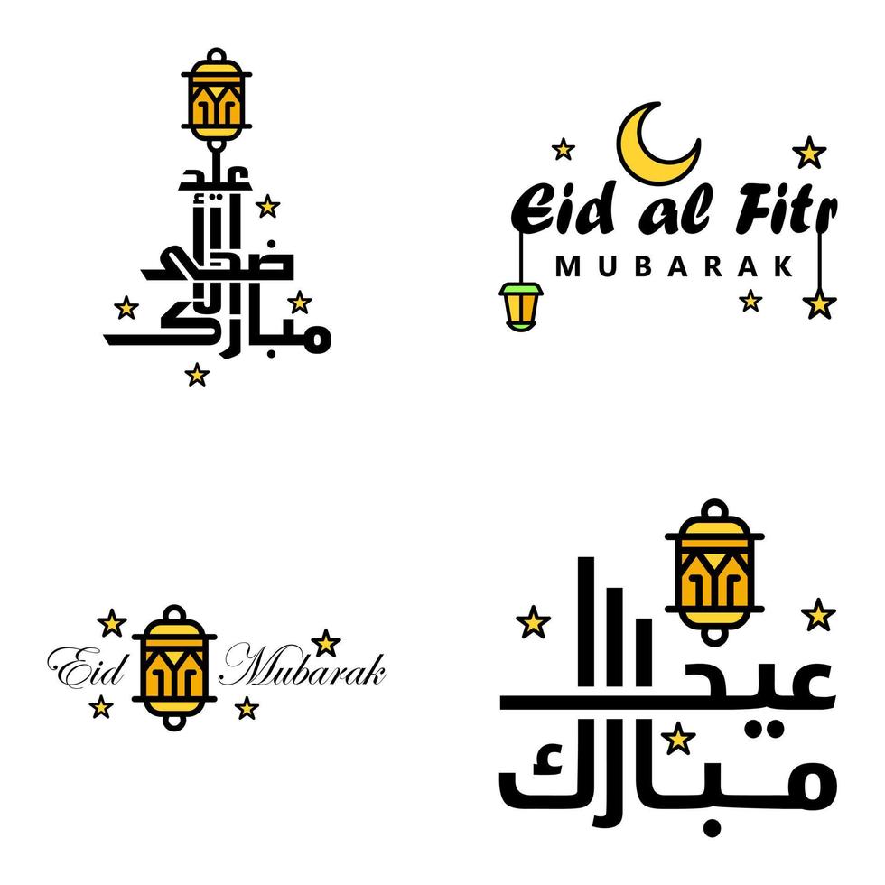 conjunto de 4 vectores eid mubarak feliz eid para ti en estilo de caligrafía árabe escritura rizada con estrellas lámpara luna