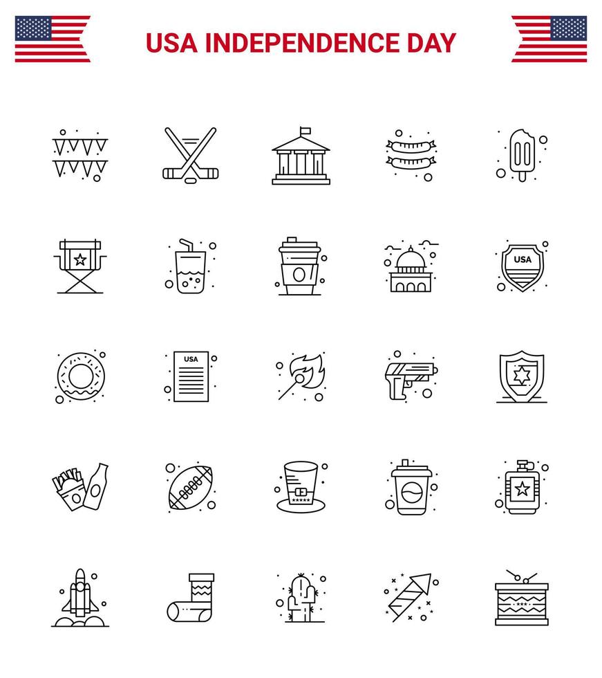 4th July USA Happy Independence Day Icon Symbols Group of 25 Modern Lines of chair popsicle flag ice cream frankfurter Editable USA Day Vector Design Elements