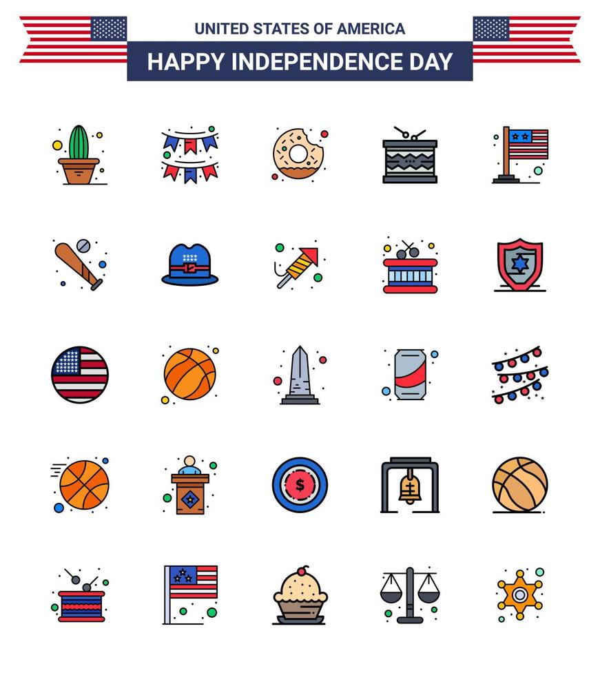 Set of 25 Modern Flat Filled Lines pack on USA Independence Day st irish garland instrument food Editable USA Day Vector Design Elements