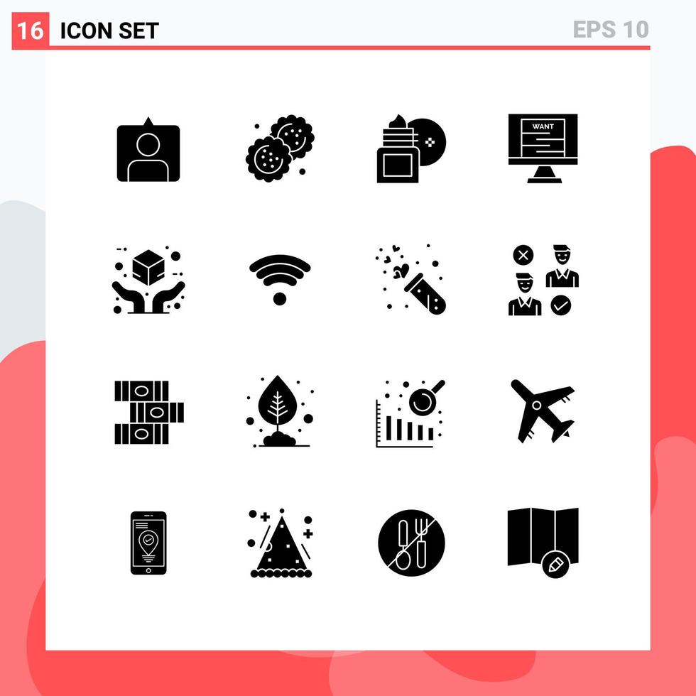 Modern Set of 16 Solid Glyphs Pictograph of hand wanted body massage technology bandit Editable Vector Design Elements