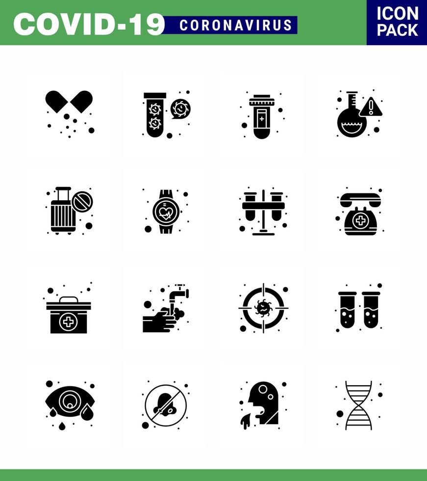 CORONAVIRUS 16 Solid Glyph Black Icon set on the theme of Corona epidemic contains icons such as ban research virus lab virus viral coronavirus 2019nov disease Vector Design Elements