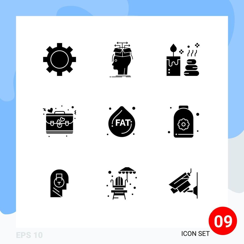 Mobile Interface Solid Glyph Set of 9 Pictograms of droop love sharing day bag Editable Vector Design Elements