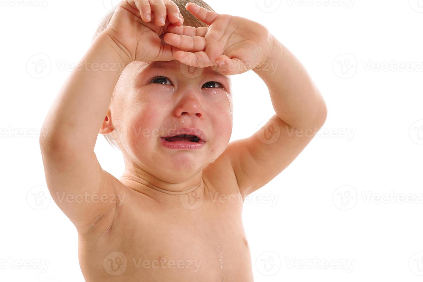 Closeup shot of upset little boy crying. photo