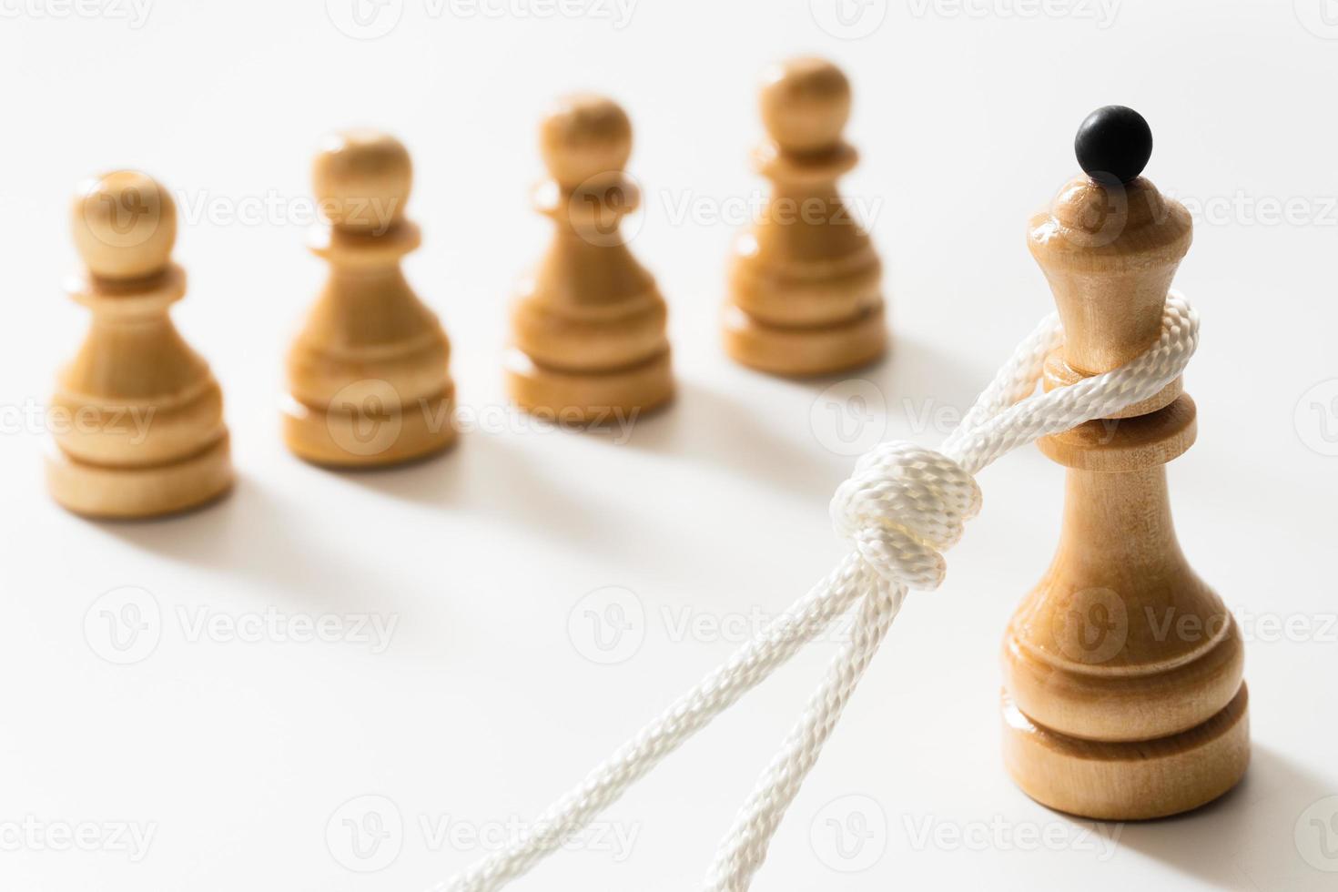 White rope tangled around a wooden queen with several chessmen nearby. photo