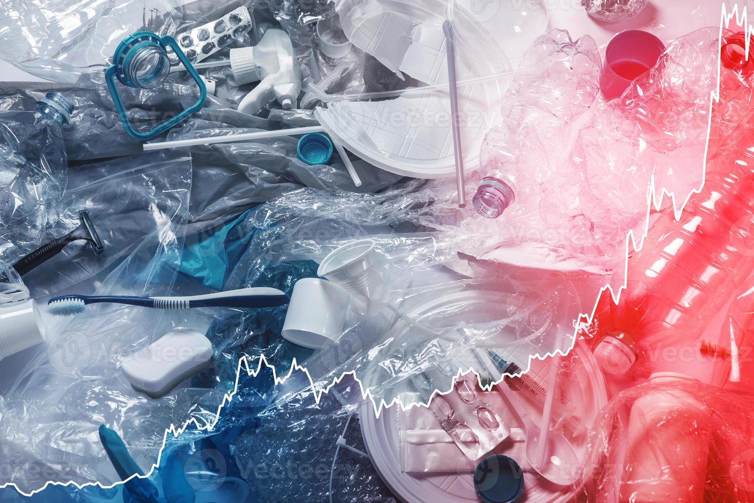 Pile of plastic waste and rising diagram representing plastic production and consumption level photo